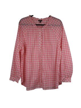 Talbots Pink Gingham Check Button-Front Blouse XL 100% Cotton Long Sleeve
